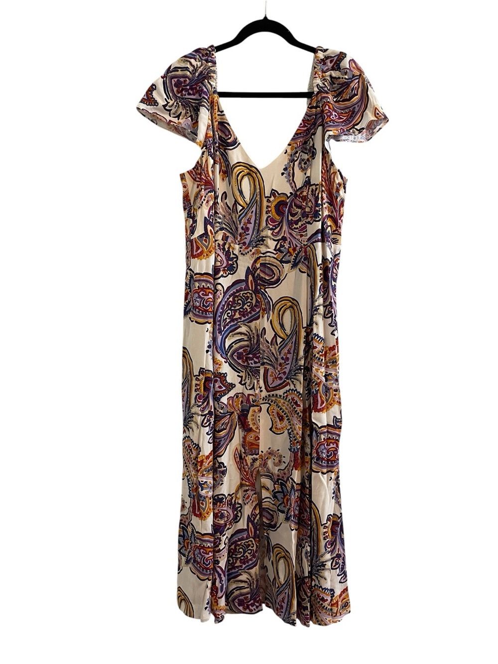 SEZANE Alessia Paisley Midi Dress Flutter Sleeves Cream Purple Gold Size 44